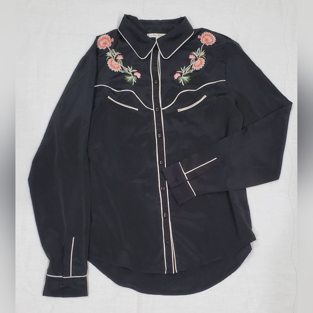 Willow & Clay Black Button Down Shirt with Floral Embroidery